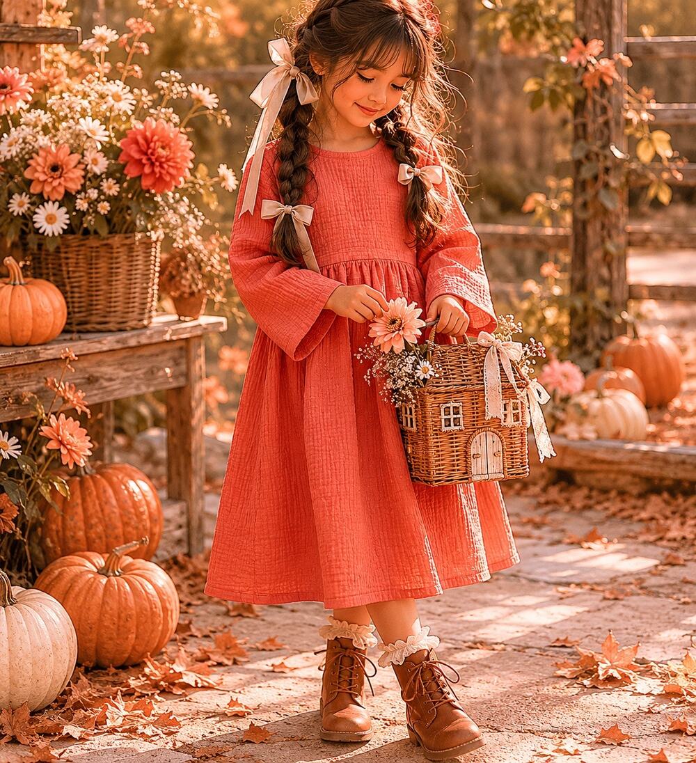 New Pumpkin Spice Gauzy Muslin Minimalist Dress 7/8